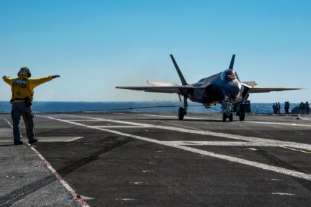 An F-35C Lightning II lands aboard USS Nimitz. (15525539500)