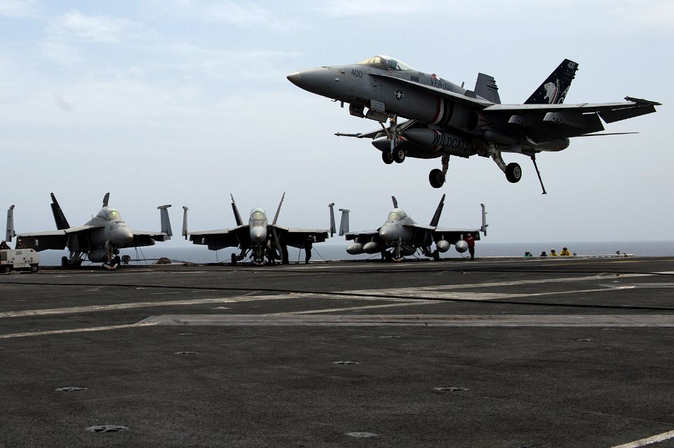 An F-A-18C lands aboard USS Dwight D. Eisenhower. (8580533118)