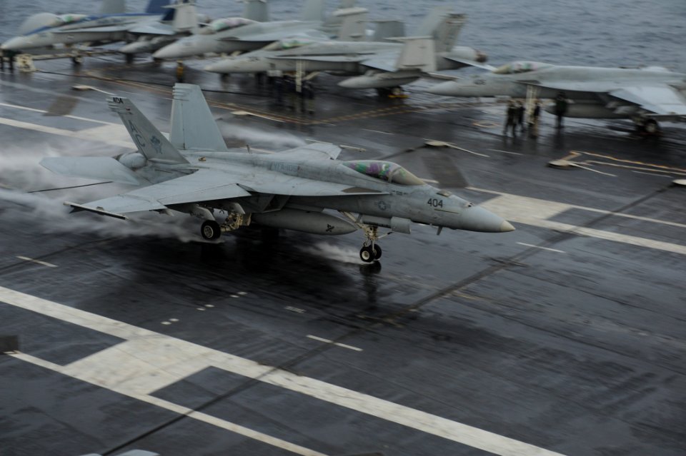 An F-A-18E lands aboard USS Harry S. Truman. (8407484303)