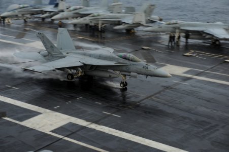 An F-A-18E lands aboard USS Harry S. Truman. (8407484303)