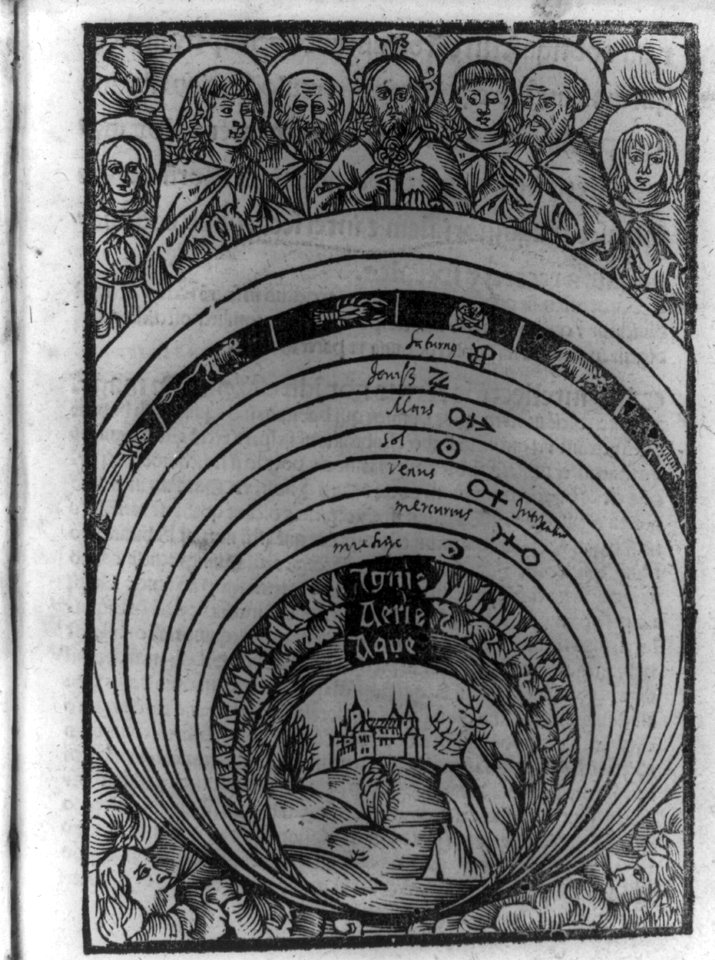 An illustration of the Ptolemaic concept of the universe showing the earth in the center LCCN2007681147