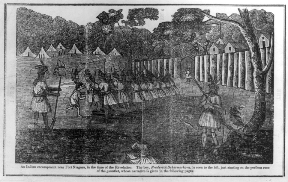 An Indian encampment near Fort Niagra, in the time of the Revolution. The boy, Frederick Schermerhorn, is seen to the left, just starting on the periolous race of the gauntlet LCCN2003655592