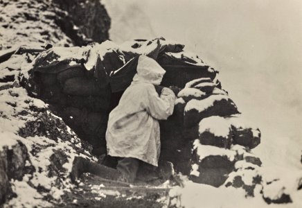 An Italian soldier posted on lookout on Monte Nero 1916