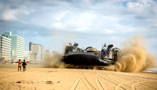 An LCAC comes ashore in Virginia Beach. (18164975969)