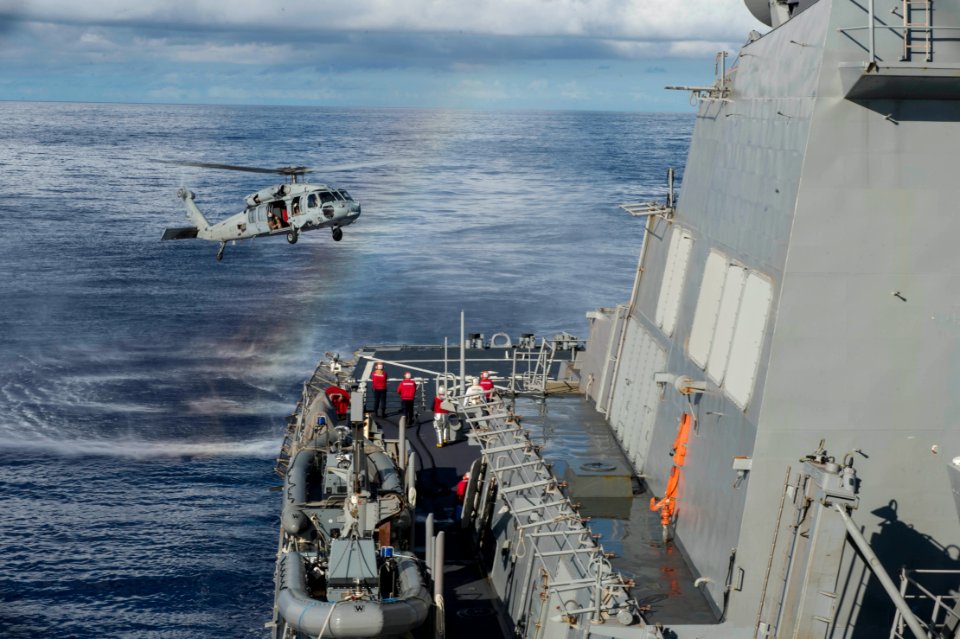 An MH-60S Sea Hawk helicopter lands aboard USS Curtis Wilbur. (16285569024)