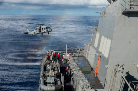 An MH-60S Sea Hawk helicopter lands aboard USS Curtis Wilbur. (16285569024)