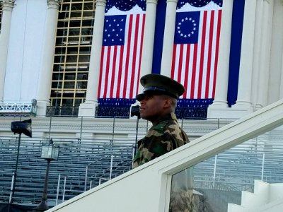 An officer in the military works as a stand-in during the full dress rehearsal of the inauguration 80FF