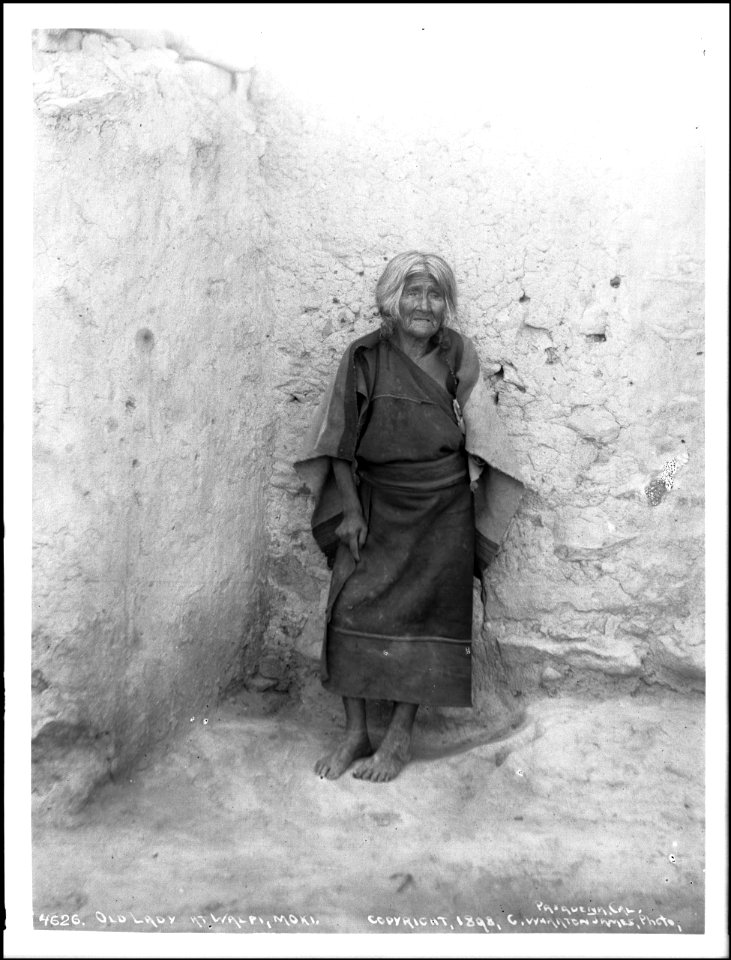 An old Hopi (Moki) woman at the pueblo of Walpi (Walpai), Arizona, ca.1898 (CHS-4626)