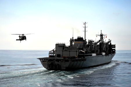 An SH-60B approaches USNS Bridge at sea. (8408576518)