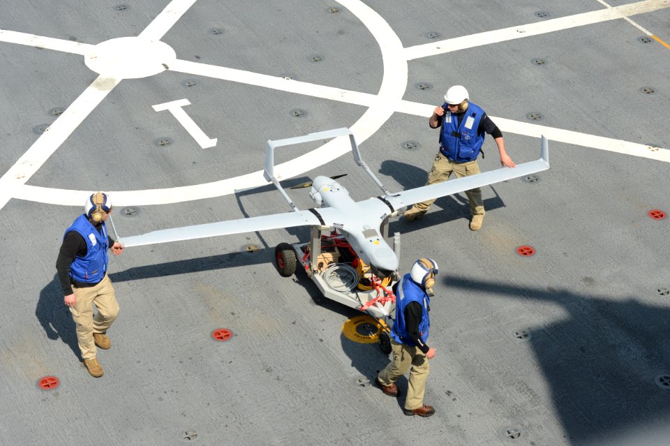 An unmanned aircraft is moved aboard USS Mesa Verde. (8476431646)