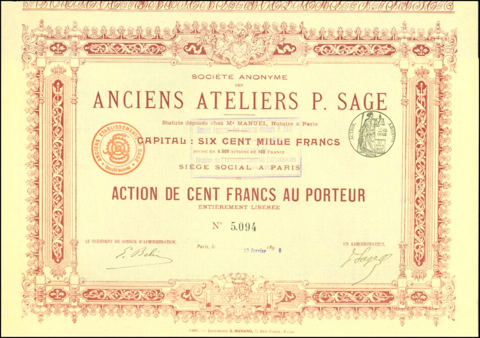 Anciens Ateliers P. Sage 1899