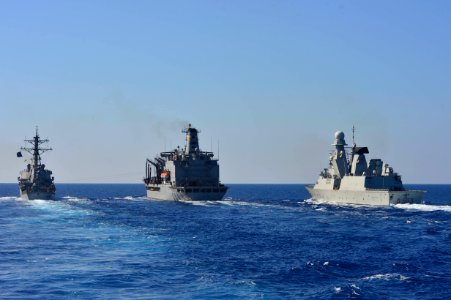 Andrea Doria (D 553) approaching USNS Leroy Grumman (T-AO-195) for underway replenishment 131026-N-QL471-450
