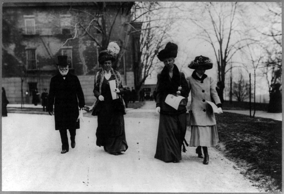 Andrew Carnegie with his wife Louise Whitfield Carnegie, sister-in-law Estelle (Stella) Whitfield, and daughter Margaret, walking outdoors in winter LCCN2002706743