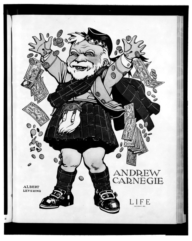 Andrew Carnegie, 1835-1919, full, standing, wearing kilt, throwing money in air LCCN2005696202