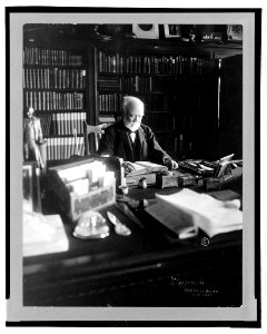 Andrew Carnegie, 1835-1919, half length, seated behind desk, looking down at book, facing right; shelves filled with books in background LCCN2005693059
