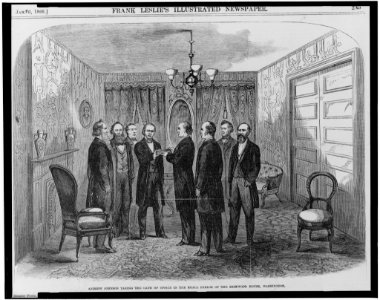 Andrew Johnson taking the oath of office in the small parlor of the Kirkwood House (Hotel), Washington, (April 15, 1865) LCCN00650930 photo