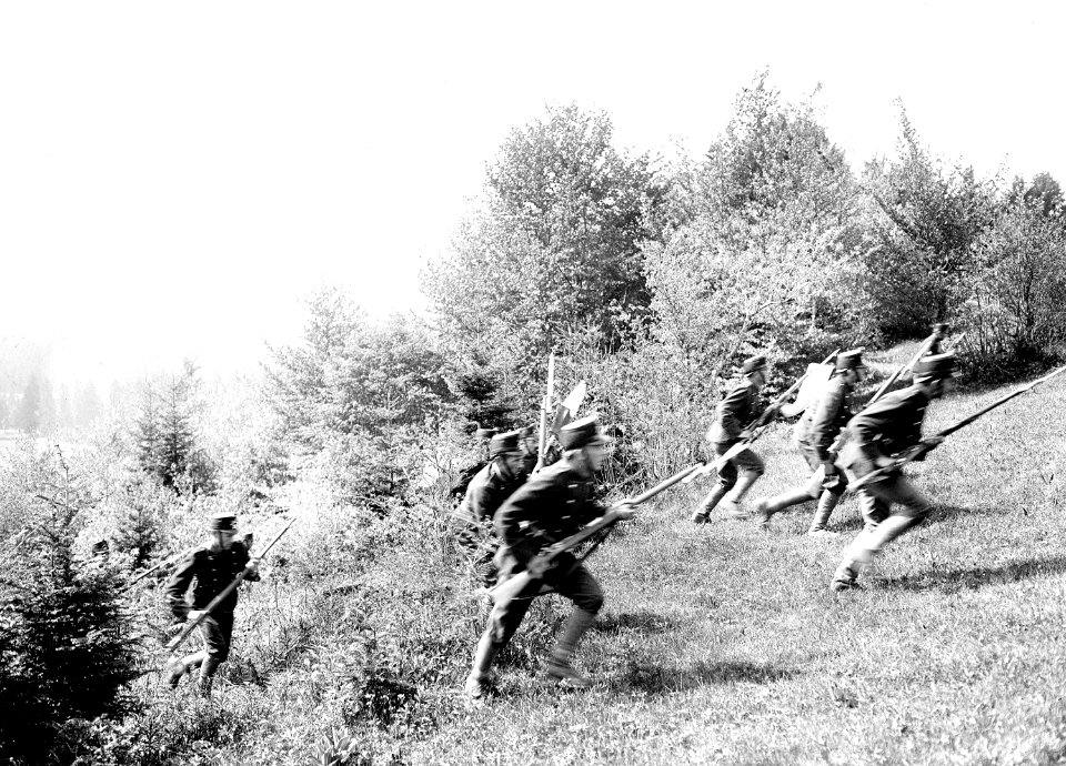 Angreifende Infanteristen brechen aus dem Wald hervor - CH-BAR - 3241232