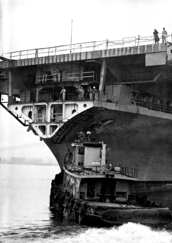 Bow of USS Ticonderoga (CVA-14) during SCB-125 conversion 1956