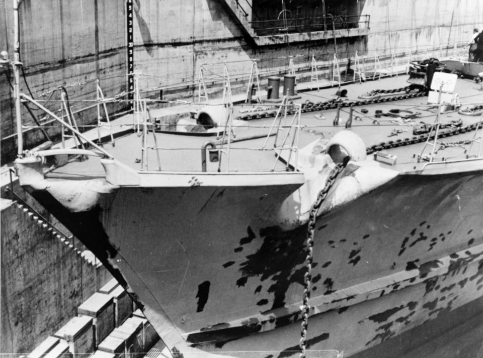 Bow of captured German destroyer Z39 in drydock at the Boston Navy Yard in August 1945