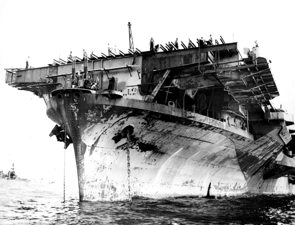 Bow of USS Bennington (CV-20) being repaired after typhoon in June 1945