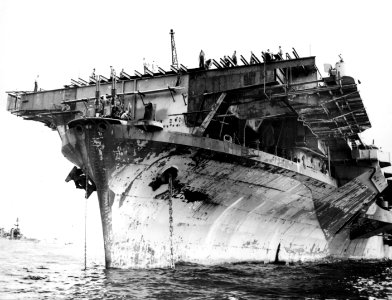 Bow of USS Bennington (CV-20) being repaired after typhoon in June 1945