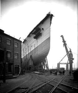 Bow view of the 'Aquitania' (1914) on the stocks RMG G10700