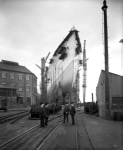 Bow view of the 'Aquitania' (1914) on the stocks RMG G10689