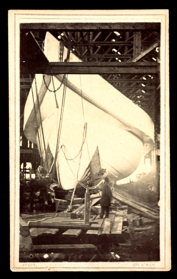 Bow view of the Monitor Dictator, Delameter Iron Works, New York City, image likely includes ship designer John Ericsson posing at the hull) - Stacy, 691 B'way LCCN2016653263