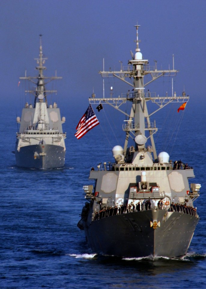 Bow view of USS Donald Cook (DDG-75) escorting Alvaro de Bazan (F101) in the Persian Gulf 051203-N-7241L-002