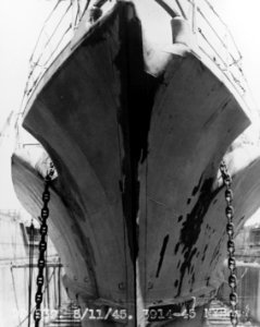 Bow of former German destroyer Z39 in drydock at the Boston Navy Yard in August 1945