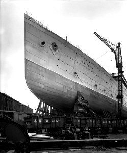Bow view of the 'Aquitania' (1914) before launch RMG G10705