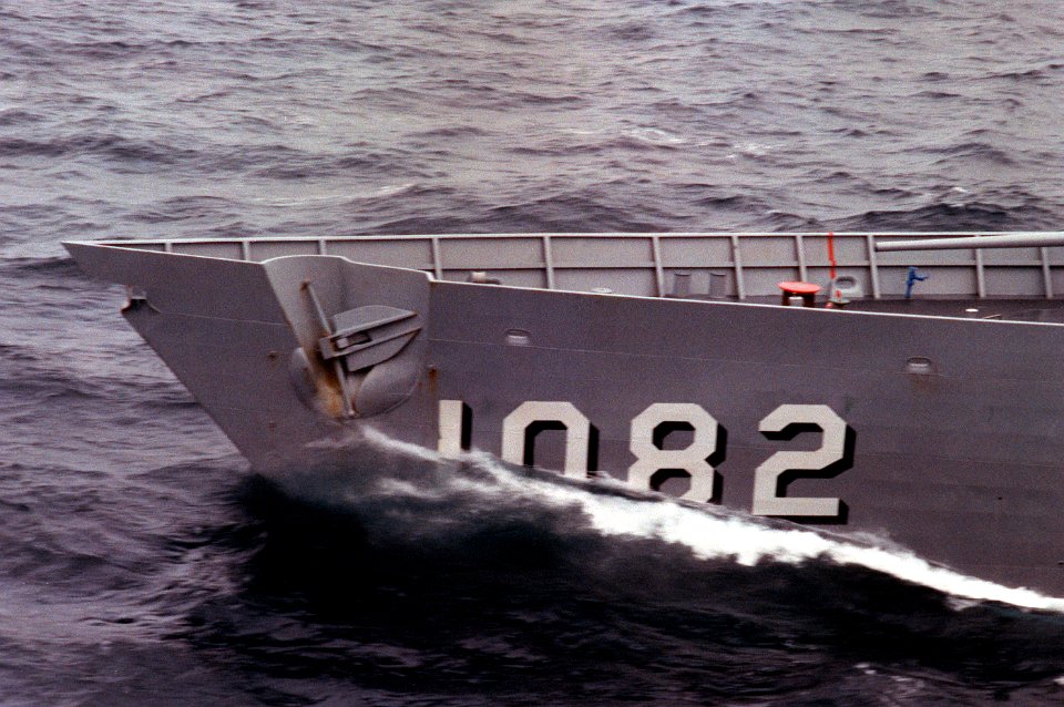 Bow of USS Elmer Montgomery (FF-1082) in heavy seas during Exercise West Wind '88 (DN-SC-89-02685)