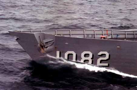 Bow of USS Elmer Montgomery (FF-1082) in heavy seas during Exercise West Wind '88 (DN-SC-89-02685)