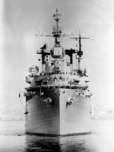 Bow view of USS Norton Sound (AVM-1) off the San Francisco Naval Shipyard on 2 July 1956 (7577359)