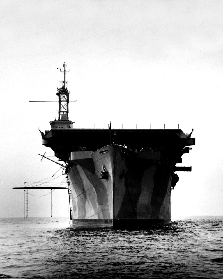 Bow view of USS Charger (AVG-30) at anchor, in June 1942 (80-G-13148)
