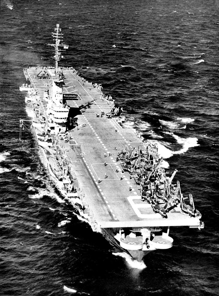 Bow view of USS Essex (CVA-9) underway c1955