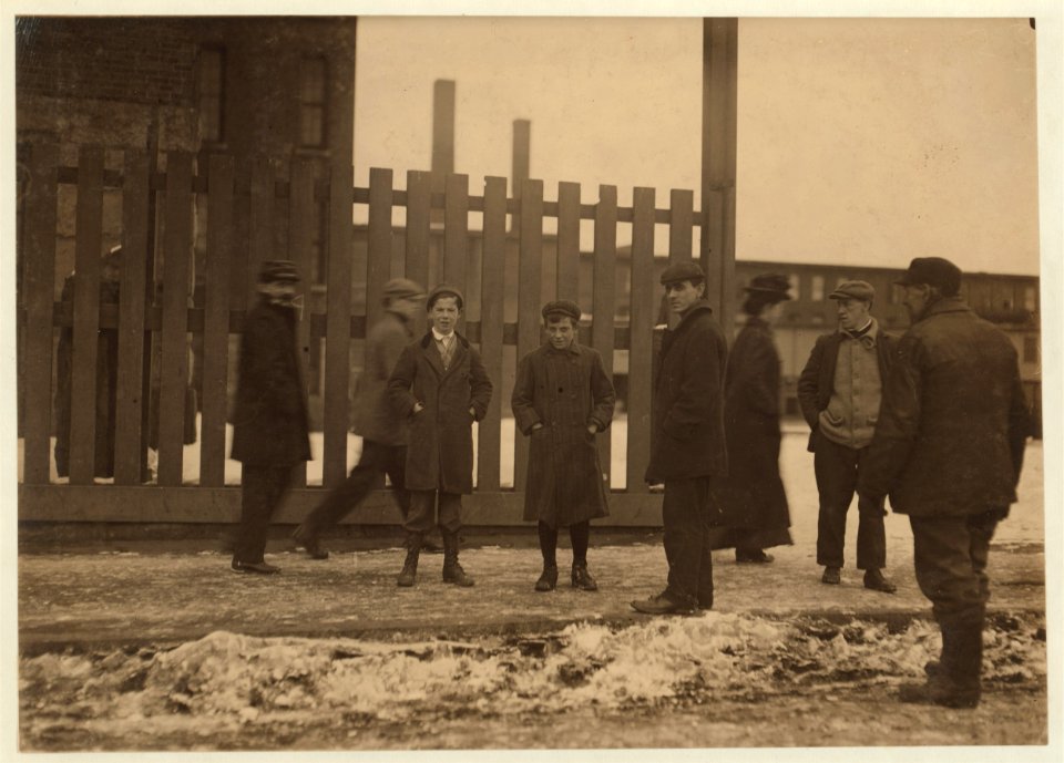 Boy in stocking cap (taller of two) is James Ryan, 89 Austin St. Has been working in Wamsutta Mills one year. The other is in photos I took inside that Mill recently. LOC nclc.02486