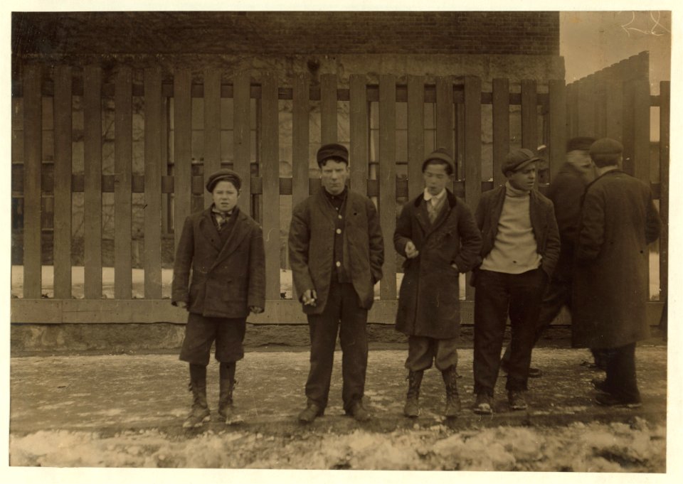 Boy in stocking cap (taller of two) is James Ryan, 89 Austin St. Has been working in Wamsutta Mills one year. The other is in photos I took inside that Mill recently. LOC nclc.02485