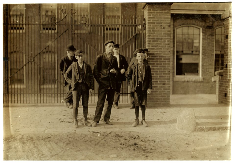 Boy on right hand is George Dagnais, 32 Forest St., a doffer in Mill No. 1, Cocheco Mfg. Co., Dover, N.H. Been there about half a year. 6 A.M. LOC nclc.01775