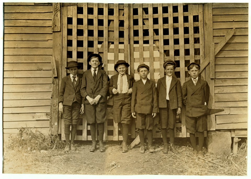 Boys going home from Sunday School. Right to left. Willie Long - in mill 4 yrs.; James Hurley; Lloyd Long - 12 yrs., in mill 2 yrs.; Spurgeon Price - 13 yrs., in mill 3 yrs.; Clarence Price LOC nclc.01337