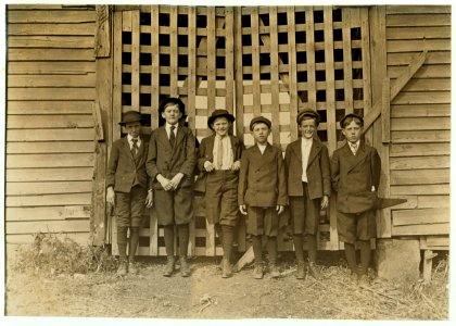 Boys going home from Sunday School. Right to left. Willie Long - in mill 4 yrs.; James Hurley; Lloyd Long - 12 yrs., in mill 2 yrs.; Spurgeon Price - 13 yrs., in mill 3 yrs.; Clarence Price LOC nclc.01337