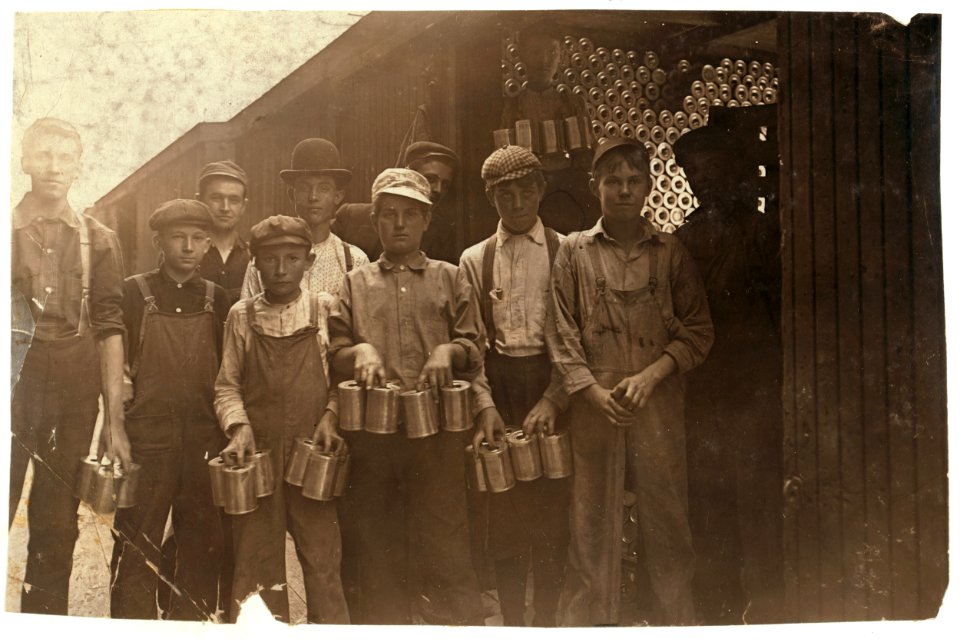 Boys in a Cannery, Indianapolis, Ind. Unloading new tomato cans from freight cars. Witness E. N. Clopper. LOC nclc.00740