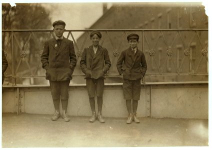 Boys working in Amoskeag Mills, Manchester, N.H. Smallest boy is Napoleon Cammery, 194 Merrimac St. Been in mill 1 year. Next boy is Jerry Moore, 352 Chestnut St. Martin Markey, 33 State St. LOC nclc.01808