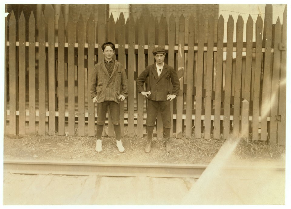 Boys working in Great Falls Mfg. Co., Somersworth, N.H. Boy on right hand is Joseph Tanguay, 80 Depot Street. Left hand boy is Henry Labreck, 14 Chesley Av. LOC nclc.01755