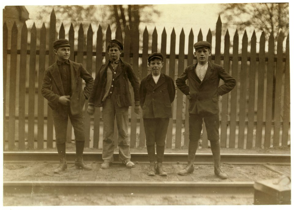Boys working in Great Falls Mfg. Co., Somersworth, N.H. Smallest boy is Joseph Lessard, -9 Central St. Vincent Hennessey, 12 Portland St. Wilfred Naddeau, 34 Depot St. Alfrod Bisson, 10 LOC nclc.01765