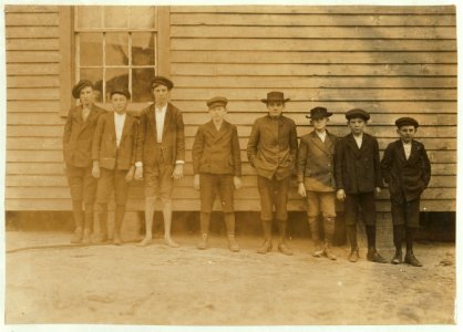 Boys working in Scotland Mill, Laurinburg, N.C. Smallest boy-Junior Bounds-Beginning. Next, Rollin Hudson - 3 years in mill. Next, Lloyd Willoughby - 3 years in mill. Next, Preston Torrent - LOC nclc.01509