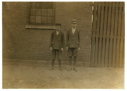Boys working in Great Falls Mfg. Co., Somersworth, N.H. Right hand boy John Velvile. Been in mill one year. Left hand boy Arthur Roy, 5 Union St., 8 Months in mill. LOC nclc.01749