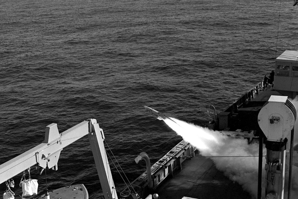 BQM-74 drone is launched from USS Santa Barbara (AE-28) 1981