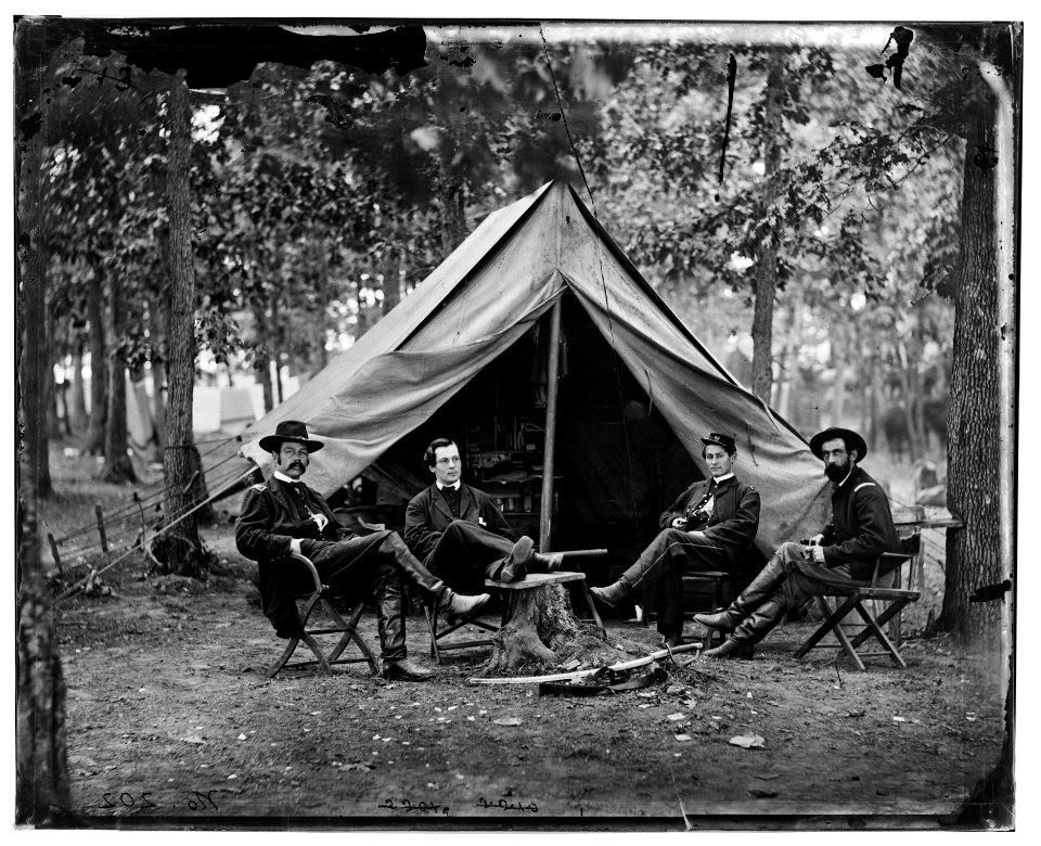 Brandy Station, Va. Col. George H. Sharpe, John G. Babcock, unidentified, and Lt. Col. John McEntee, Secret Service officers at Army of the Potomac headquarters LOC cwpb.03861