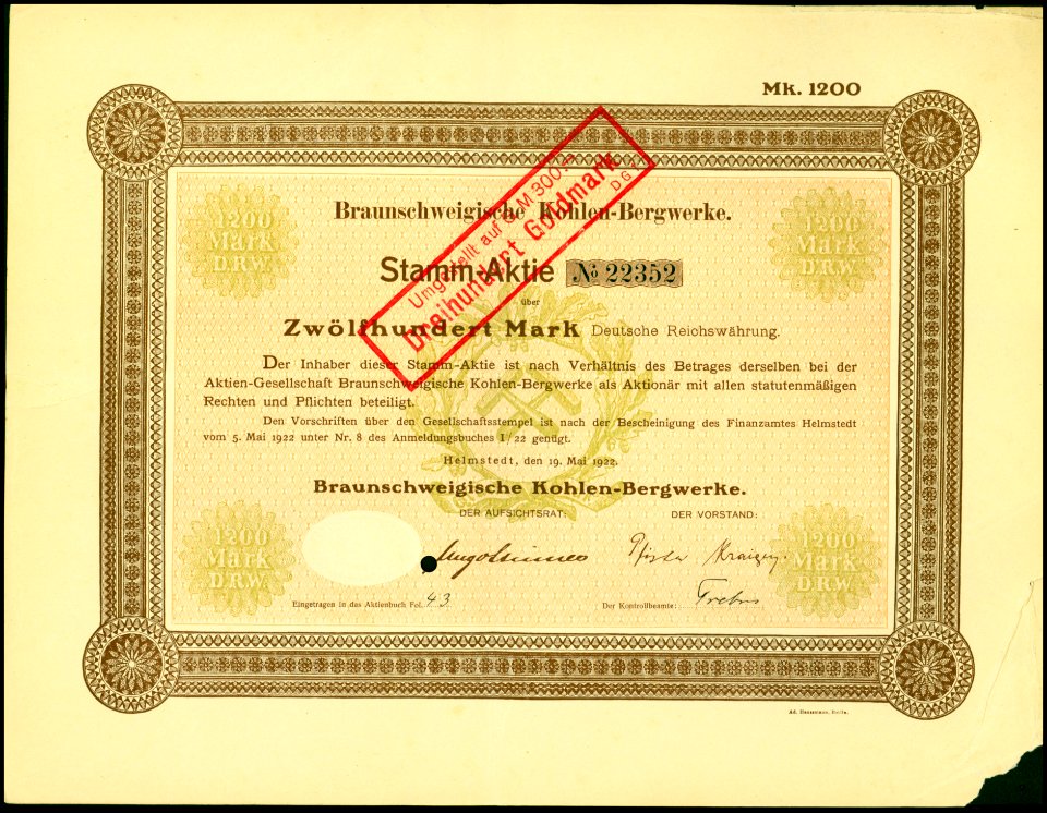 Braunschweiger Kohlen-Bergwerke 1922 1200 Mk